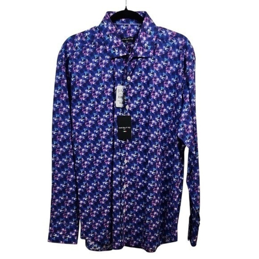NWT Masutto XL Long Sleeve Button Up Shirt Palm Tree‎ Print Multi Color Cotton